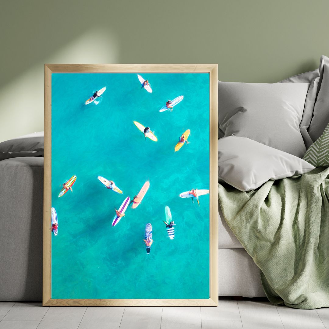 Aerial Surfers Print — Coastal Wall Art Digital Download