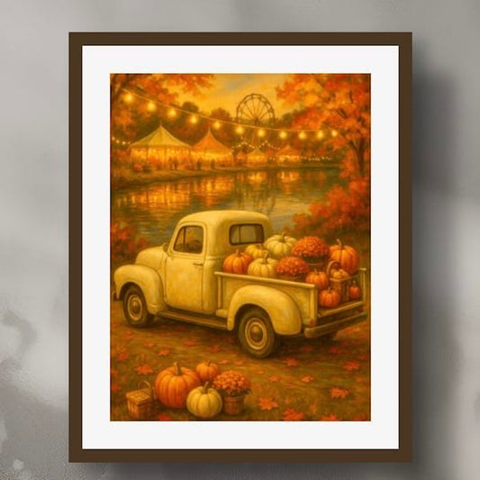 Lakeside Harvest Fair — Vintage Cream Truck Fall Art Print Digital Download
