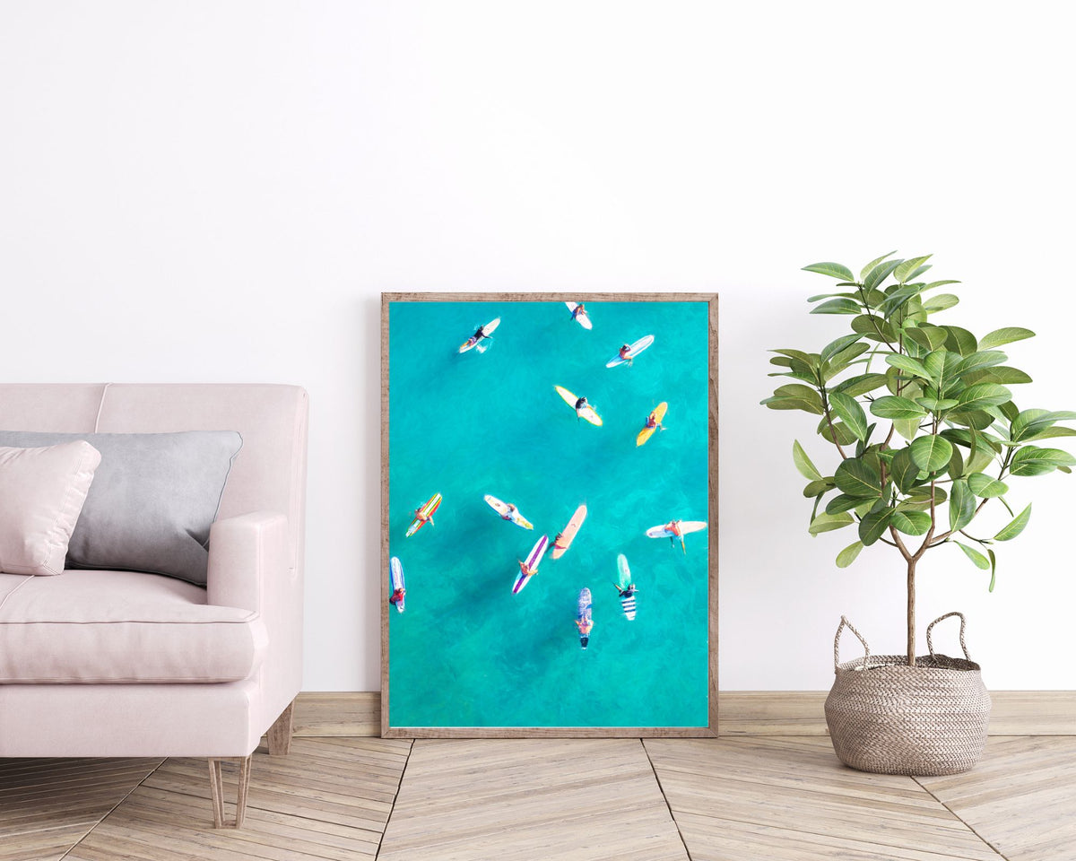 Aerial Surfers Print — Coastal Wall Art Digital Download